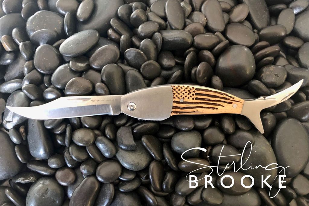 Fish Design - Wooden Pocket Knife / American Flag Etching - The